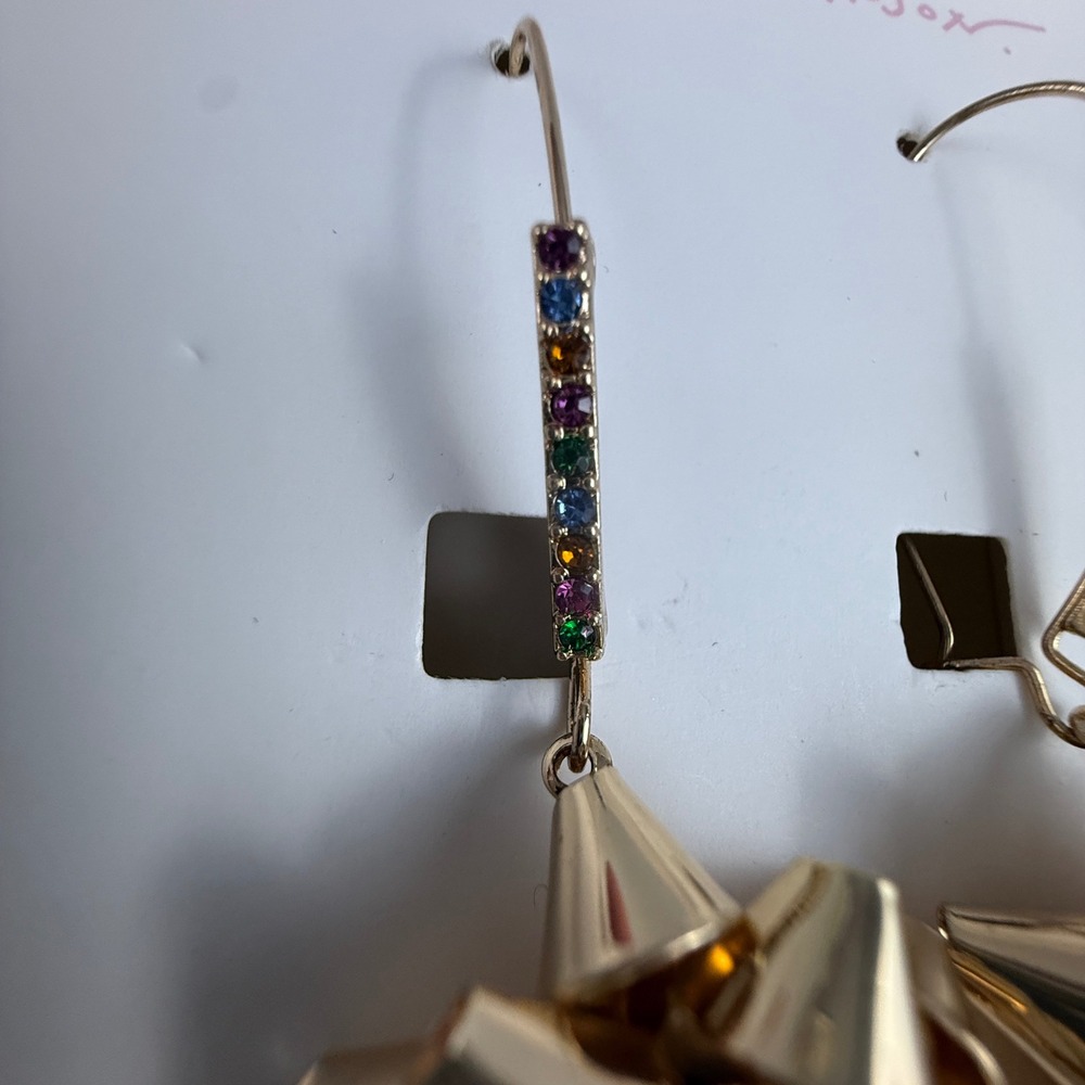 Betsey Johnson Drop Earrings Holiday Bow Gold Tone Rainbow Crystal Holiday Party - Picture 6 of 8